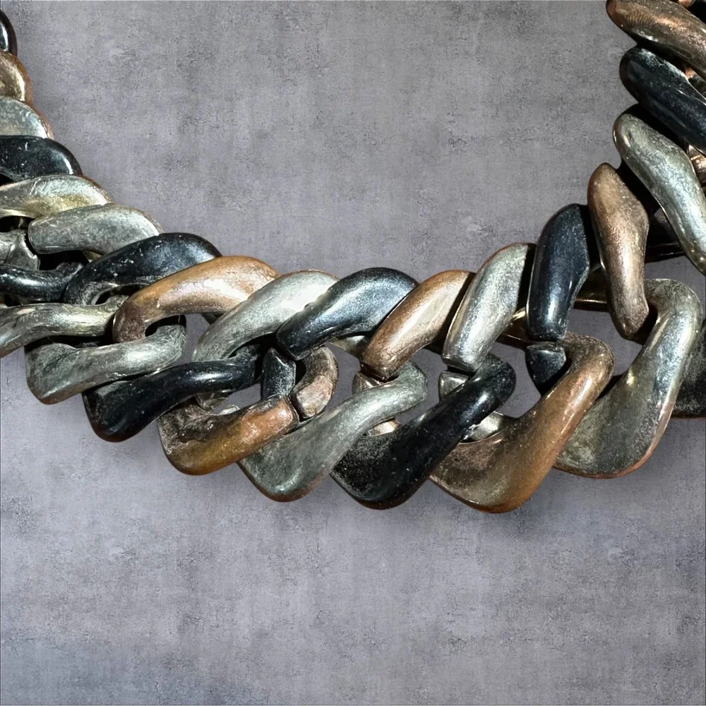 Vtg 3-toned Necklace Black/Copper/Silver Lucite Chain Links‎ 22